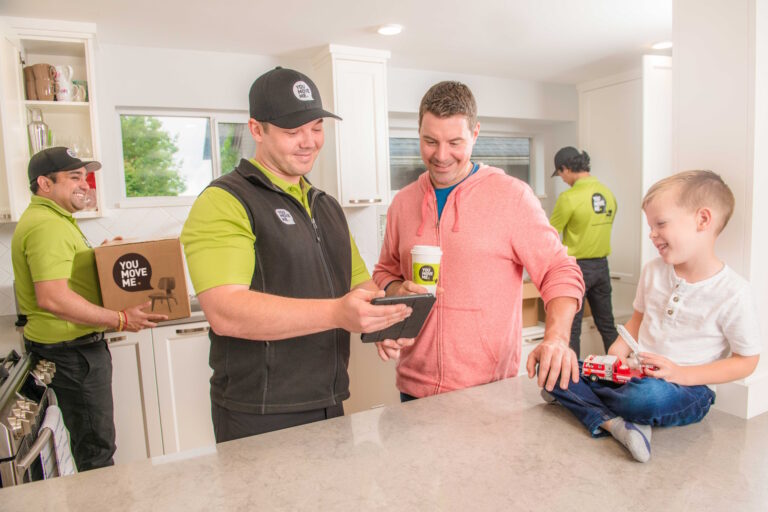 happy family talking to mover